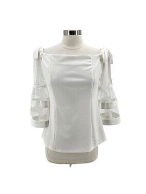 WHY Dress Womens Medium Top 3/4 Bell Sleeve Tie White Mesh Blouse Party Bride